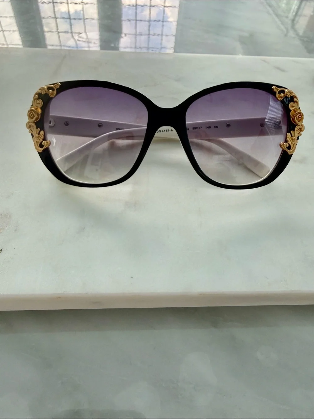 Dolce Gabbana Black, White and Gold  Baroque Floral Accent Sunglasses